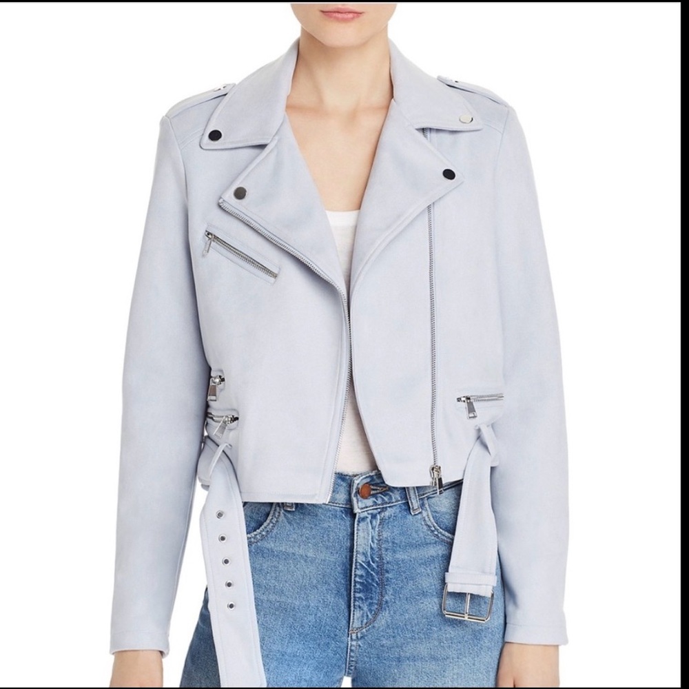 NWT Aqua Suede Soft Solid Baby Blue Zipper Belted Biker Leather Jacket SizeL